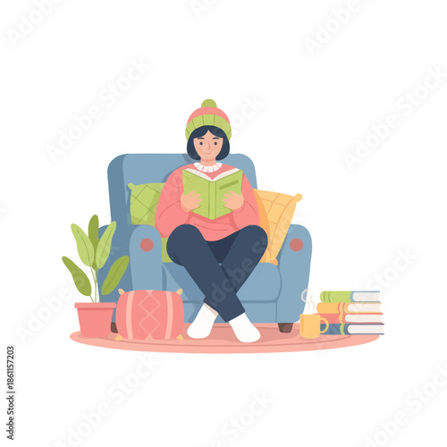 Cozy person reading book in armchair, winter hat, plants, books stack, home comfort illustration