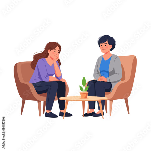 Two women talking in chairs, therapy session, emotional support, mental health