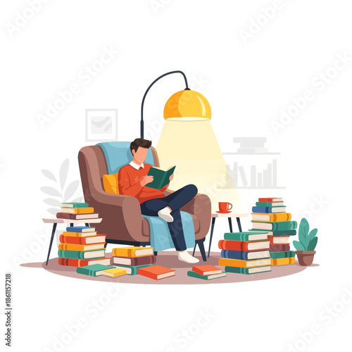 Man reading book in armchair surrounded by stacks of books, cozy home library, learning and knowledge concept