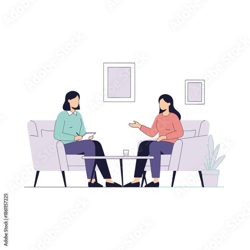 Psychotherapy session: patient talking to therapist on couch, mental health support
