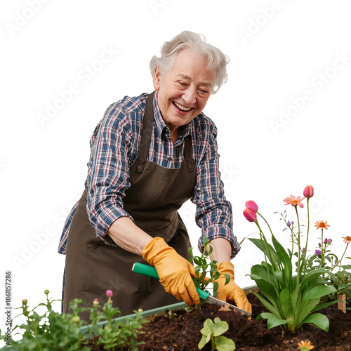 Woman Tends to Garden While Smiling in a Bright Indoor Space With Flowers and...
