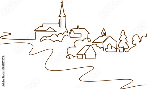 Village with church. Continuous one line art drawing style