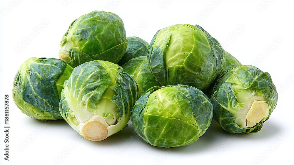 Fototapeta premium A vibrant cluster of fresh, green Brussels sprouts glistens under bright studio lighting against a clean white backdrop, showcasing their natural texture and inviting appeal.