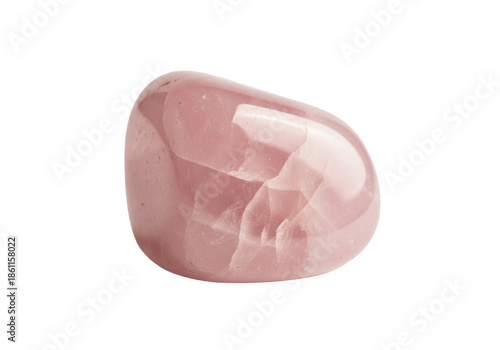 perfectly tumbled blush-pink rose quartz crystal stone, macro still life with high reflectivity and internal translucency, isolated on a transparent background. Concept of geological purity