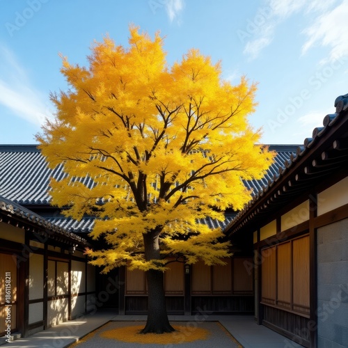Vibrant yellow maple tree in traditional japanese courtyard