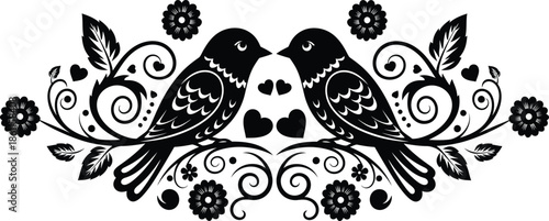 Romantic love birds emblem with symmetrical floral ornament and elegant vintage vector illustration for wedding decor branding and art.
