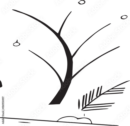 Stylized black and white illustration of a bare tree branch with leaves and ground elements