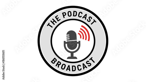 Podcast Broadcast Logo with Microphone and Sound Waves.