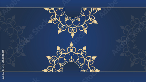 Elegant gold ornamental mandala frame on a deep blue background with refined symmetry perfect for luxury invitations branding banners posters festive events and premium decor designs