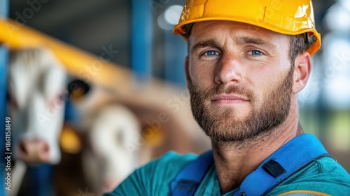 Wallpaper Mural Young agricultural worker proudly showcasing dedication in cowshed Torontodigital.ca