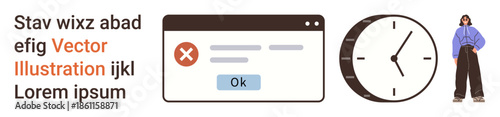 Time management, error notification, modern fashion, web interface design, typography, digital communication. Stylized error message, analog clock and person in casual outfit. Time management