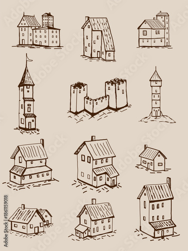 A set of hand-drawn houses and towers in terracotta tones. Vector illustration for decorating vintage maps and views.