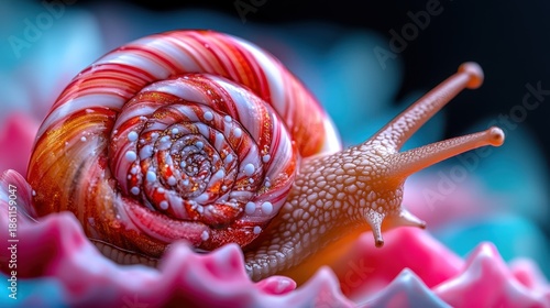This stunning macro image captures a colorful snail shell with candy-like swirls resting on vivid petals, highlighting intricate textures and vibrant colors of nature’s artistry.