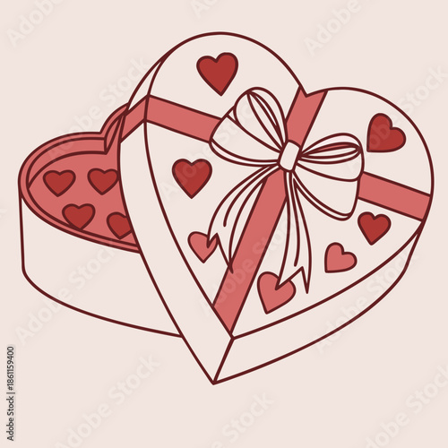 A heart-shaped gift box with a ribbon bow and hearts, symbolizing love and affection.