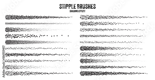 Ink scatter brush, stipple drawing and texturing. Fading gradient. Stippling, dotwork drawing, shading using dots. Halftone disintegration effect. White noise grainy texture. Vector illustration