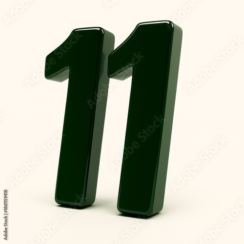 Glossy dark green number eleven isolated on a clean white background.