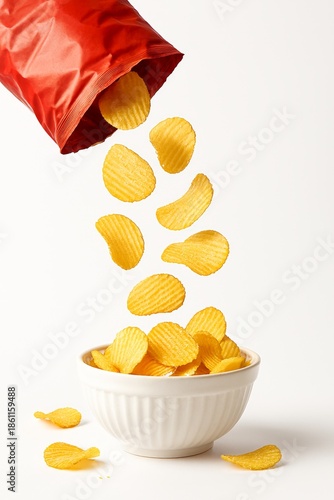 Salty ridged potato chips fall from a red snack bag into a white serving bowl.