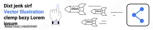 Cybersecurity, DDoS attacks, data protection, online security, technology threats, network risks. Hand pointing, DDoS-labeled rockets sharing icon. Cybersecurity and DDoS attacks concept