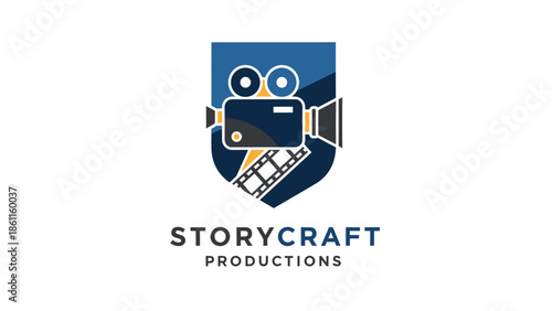 Storycraft Productions logo featuring a vintage film camera and film strip within a shield emblem.