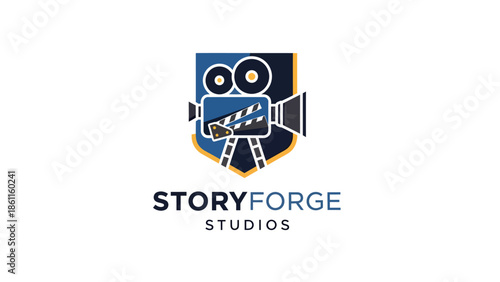 Storyforge Studios logo with vintage film camera and clapperboard on a shield emblem.