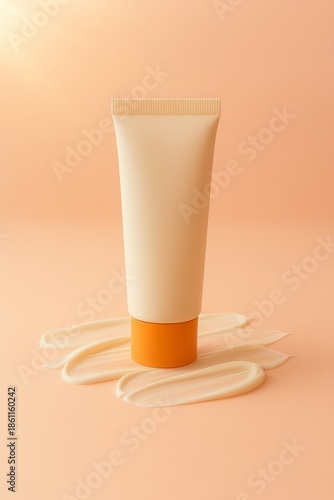 Sunscreen tube with cream streaks on a warm peach background, sunlit.