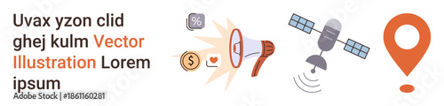 Marketing strategies, digital communication, navigation, advertising, global reach, technology. A megaphone, satellite and location pin icons. Marketing strategies and digital communication concept