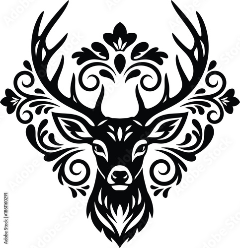 Photos Majestic deer head silhouette with ornate floral tribal antlers vector illustration for tattoo branding emblem decor and artistic design