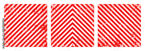 Warning sign with red and white diagonal lines. Attention, danger or caution symbol. Construction site signage, road safety notice, hazard banner, security alert shield. Vector illustration