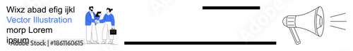 Business communication, teamwork, information sharing, announcements, marketing, strategy. Two people discussing holding documents and a megaphone emitting sound. Business communication and teamwork