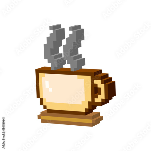 Isometric 3D pixel cup of hot coffee icon. Pixel art of cup coffee 8 bit logo.