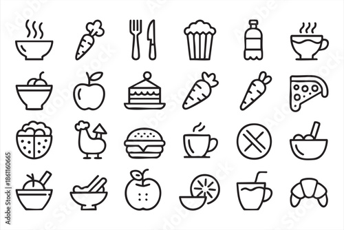 Food and Drink Symbols in Clean Line Style for UI Design