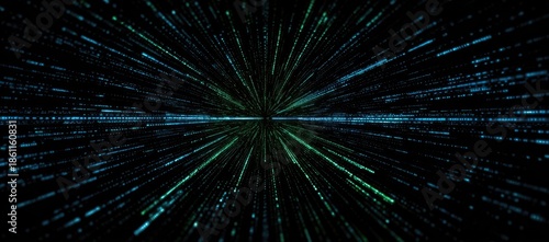 A dark, abstract image features rays of blue-green light emanating from the center