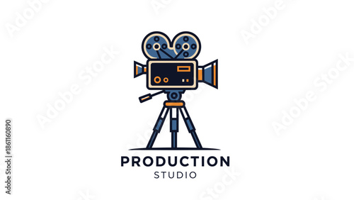 Vintage film camera on tripod for production studio logo design.