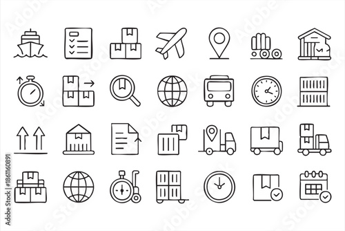 Logistics and Shipping Line Icons for Delivery UI Systems