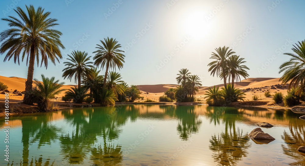 Obraz premium Oasis in the Desert - A Lush Green Mirage Reflecting Palm Trees and Blue Sky