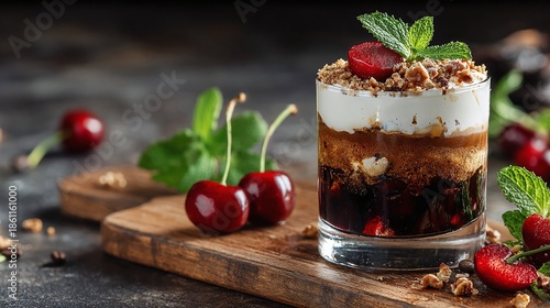 A delectable dessert showcasing layers of cherries, cream, and nuts, topped with a cherry and mint sprig, all elegantly displayed on a wooden board.