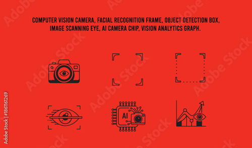 Computer vision camera, facial recognition frame, object detection box, image scanning eye, AI camera chip, vision analytics graph.