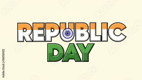 Indian republic day celebration typography with flag colors and ashoka chakra emblem on cream background