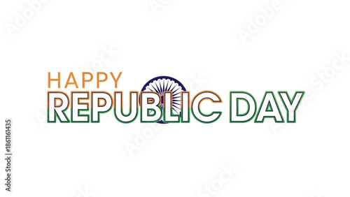 Happy republic day greeting with ashoka chakra symbol on white background, india celebration concept