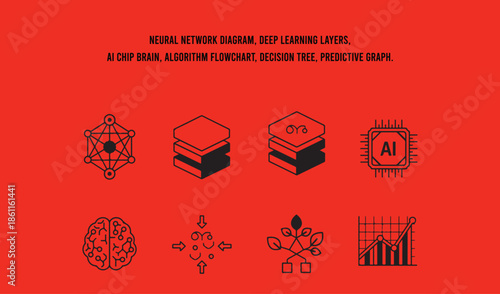 Neural network diagram, deep learning layers, AI chip brain, algorithm flowchart, decision tree, predictive graph.