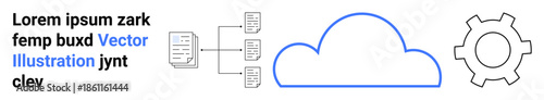 Cloud outline connecting data flow diagrams and gear representing computing, data processing, and technology. Ideal for software, data storage, analytics, automation, cloud solutions, digital