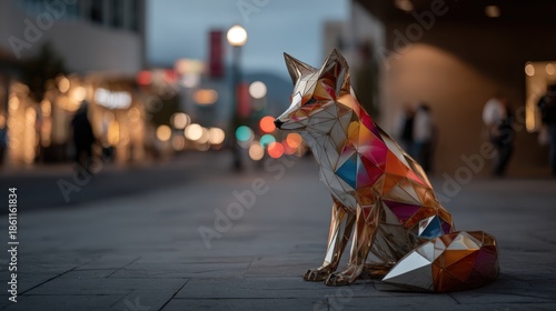 A striking geometric fox sculpture made of colorful facets stands elegantly on the street. The urban backdrop provides a contrasting and captivating atmosphere, enhancing this beautiful art piece.