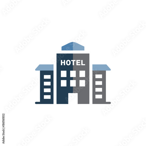 Stylized blue and gray modern hotel building icon vector illustration, representing travel, accommodation, hospitality, and lodging services for digital applications, websites, and tourism marketing.