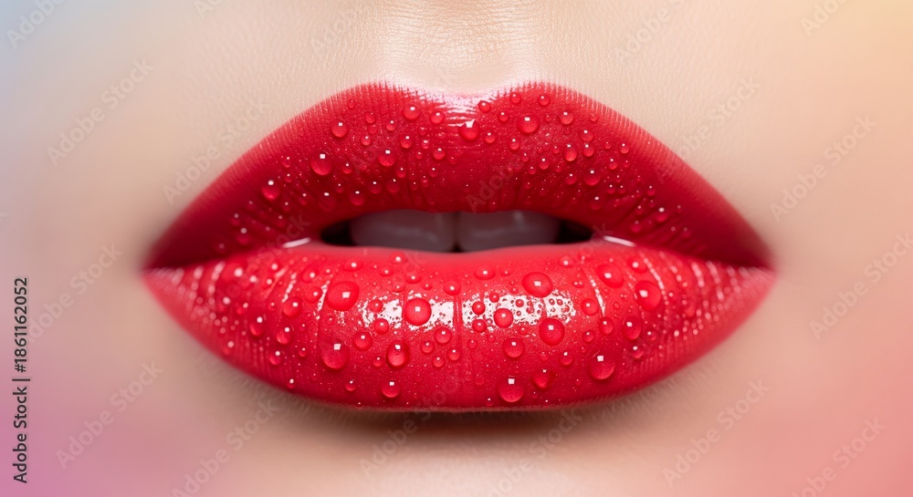 Obraz premium Glossy red lipstick lips with water droplets, macro closeup beauty and glamour background