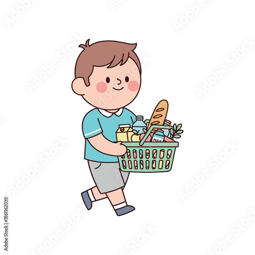 A young boy happily carries a basket full of groceries and fresh produce.