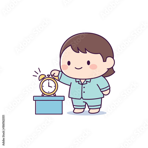 A child in pajamas turns off an alarm clock on a nightstand.