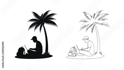 Tropical workation with a person using laptop under palm trees silhouette