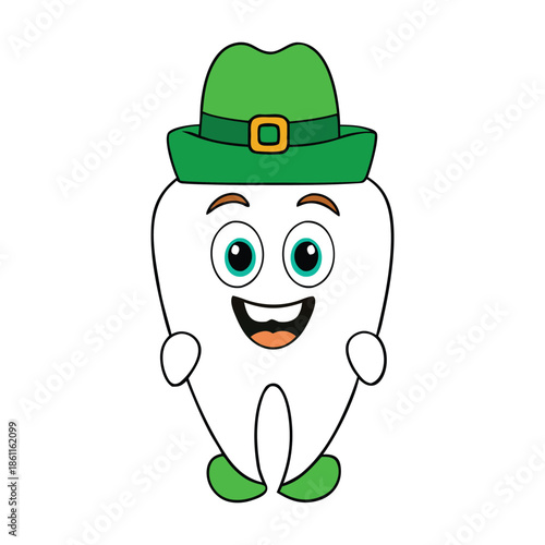 A cheerful cartoon tooth wearing a bright Saint Patrick’s green hat, smiling widely with a lucky, festive vibe, perfect for St. Patrick’s Day fun and charm.
