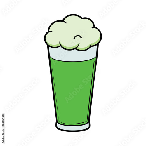 A clear glass brims with frothy green beer, its bubbles sparkling and lively, capturing a festive, refreshing vibe perfect for St. Patrick’s Day celebrations.

