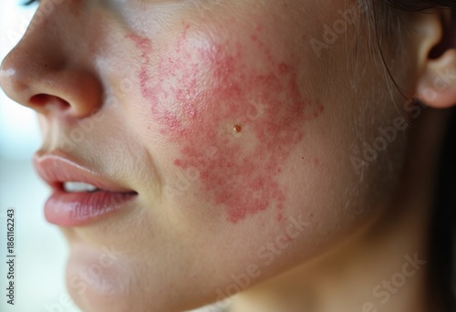 Close-up of a woman's face showing skin condition with redness and blemishes